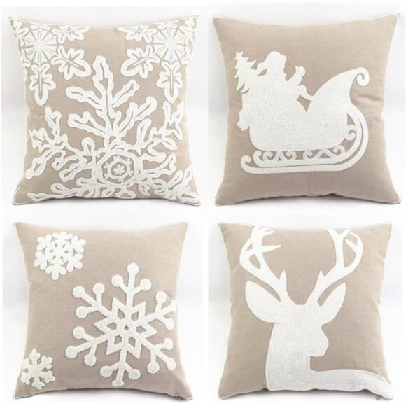 Pack of 4 Christmas Pillow Covers Embroidery Sleigh Snowflakes Winter Decorative - Picture 1 of 7